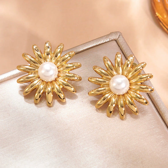 Wholesale Light Luxury Geometric Electroplated Stainless Steel Flower Shaped Pearl Sunflower Earrings For Women