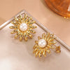 Wholesale Light Luxury Geometric Electroplated Stainless Steel Flower Shaped Pearl Sunflower Earrings For Women