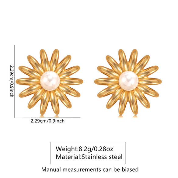 Wholesale Light Luxury Geometric Electroplated Stainless Steel Flower Shaped Pearl Sunflower Earrings For Women