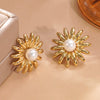 Wholesale Light Luxury Geometric Electroplated Stainless Steel Flower Shaped Pearl Sunflower Earrings For Women