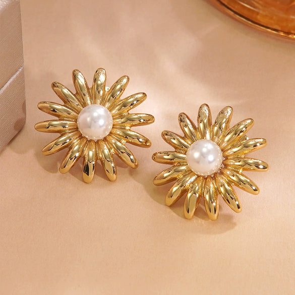 Wholesale Light Luxury Geometric Electroplated Stainless Steel Flower Shaped Pearl Sunflower Earrings For Women