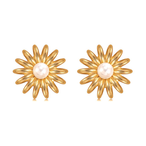 Wholesale Light Luxury Geometric Electroplated Stainless Steel Flower Shaped Pearl Sunflower Earrings For Women