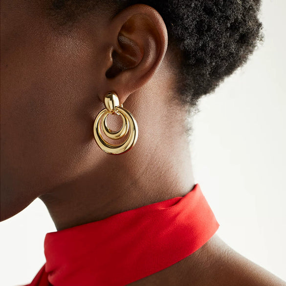 Wholesale Light Luxury Geometric Electroplated Stainless Steel Round Doublelayer Hollow Earrings For Women