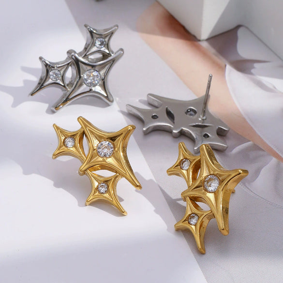Wholesale Light Luxury Geometric Fourpointed Star Stainless Steel Vacuum Plated Earrings For Women