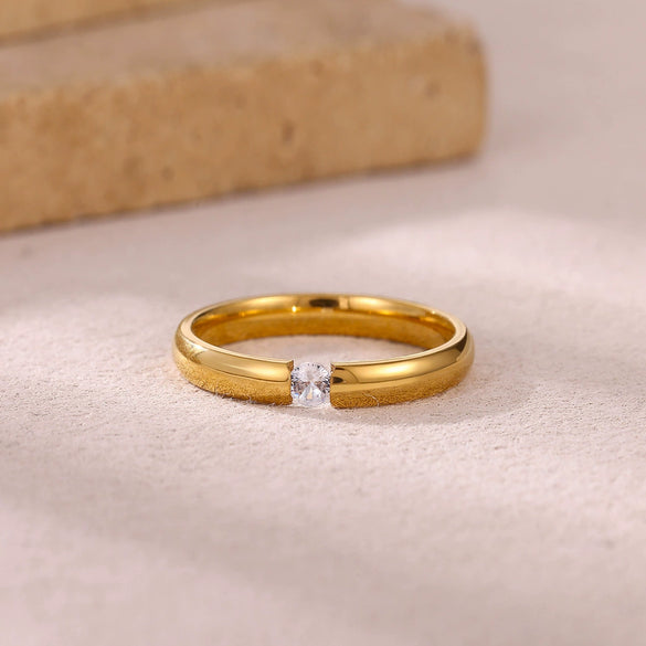 Wholesale Light Luxury Geometric Fruit Shaped Inlaid With Gold Women's Stainless Steel Micropaved Zircon Couple Ring Accessories