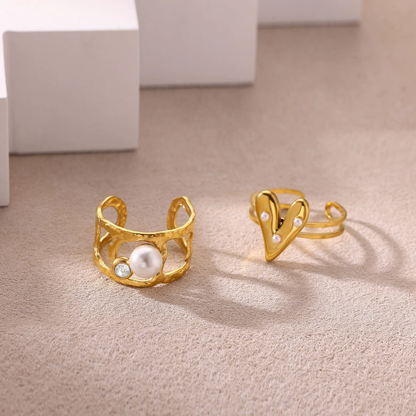 Wholesale Light Luxury Geometric Fruit Shaped Stainless Steel Imitation Pearl Ring Inlaid With Gold For Women