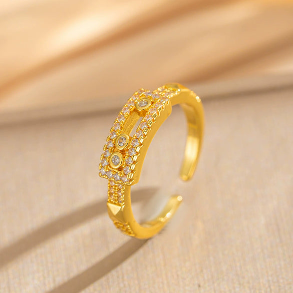 Wholesale Light Luxury Geometric Gold Plated Copper Adjustable Sliding Wide Couple Rings For Women