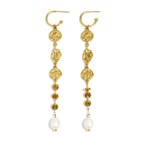 Wholesale Light Luxury Geometric Hammered Pattern Long Tassel Pearl Stainless Steel 18K Gold Plated Earrings For Women
