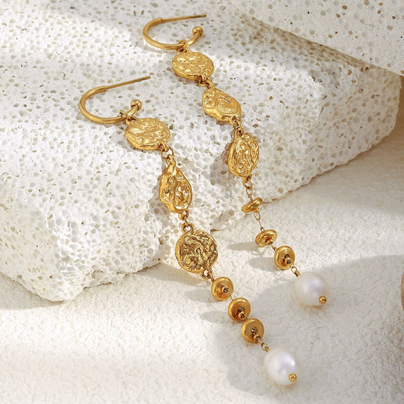Wholesale Light Luxury Geometric Hammered Pattern Long Tassel Pearl Stainless Steel 18K Gold Plated Earrings For Women