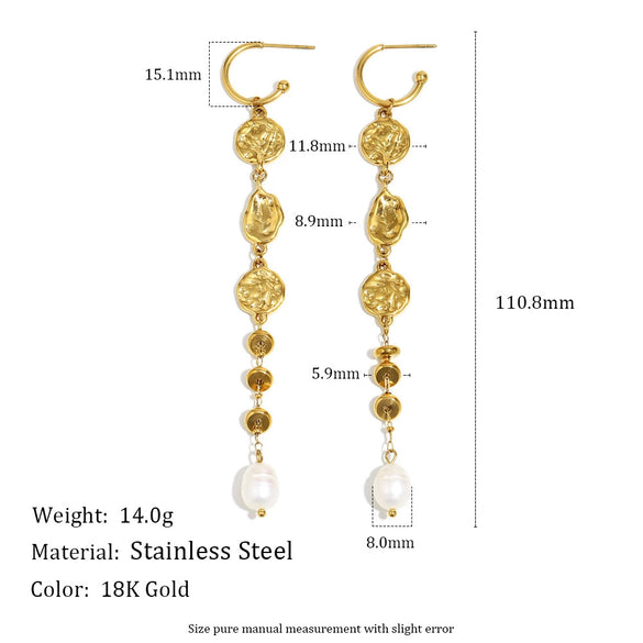 Wholesale Light Luxury Geometric Hammered Pattern Long Tassel Pearl Stainless Steel 18K Gold Plated Earrings For Women