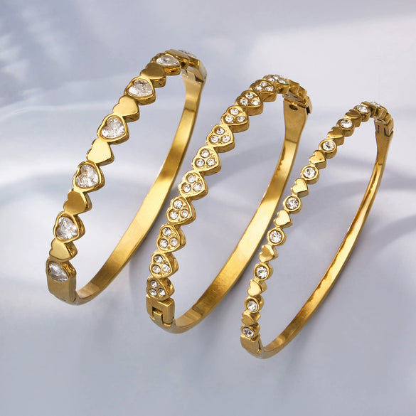 Wholesale Light Luxury Geometric Heartshaped Stainless Steel Electroplated Splicing Ring Bracelet Set With 5A Zircon Stones
