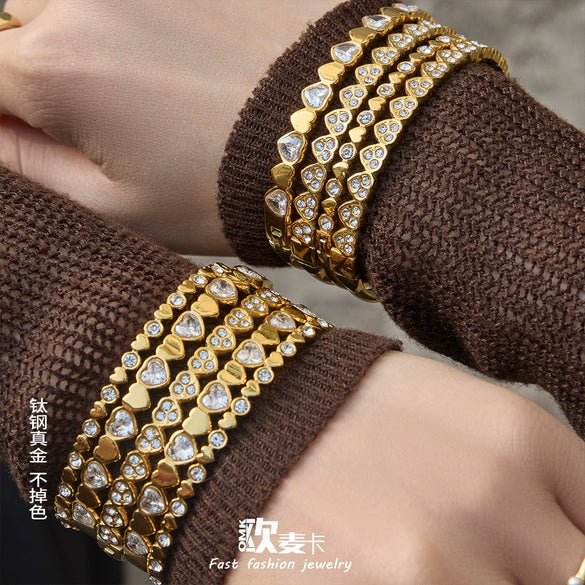Wholesale Light Luxury Geometric Heartshaped Stainless Steel Electroplated Splicing Ring Bracelet Set With 5A Zircon Stones