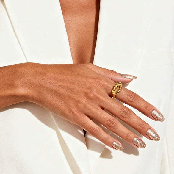Wholesale Light Luxury Geometric Knotted Open Ring For Women Stainless Steel Vacuum Real Gold Plated