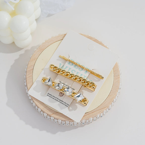 Wholesale Light Luxury Geometric Metal Artificial Crystal Duckbill Clip Hair Accessories Set With Electroplating