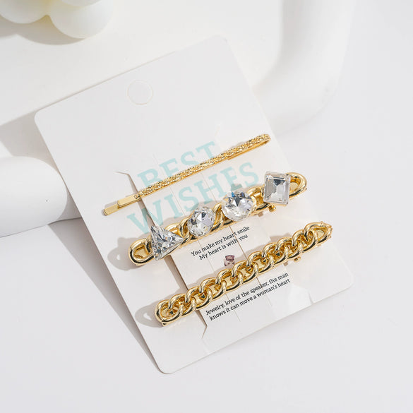 Wholesale Light Luxury Geometric Metal Artificial Crystal Duckbill Clip Hair Accessories Set With Electroplating