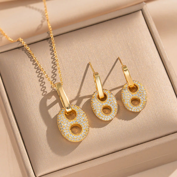 Wholesale Light Luxury Geometric Pig Nose Earrings And Necklaces Set Real Gold Electroplated With Diamonds Inlaid Titanium Steel And Environmentally Friendly Copper For Women