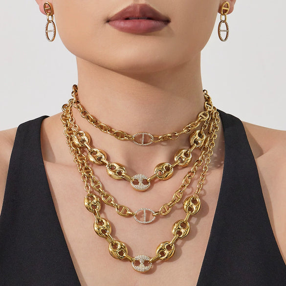 Wholesale Light Luxury Geometric Pig Nose Stainless Steel 18K Gold Plated Jewelry Set Including Necklace Bracelet And Earring