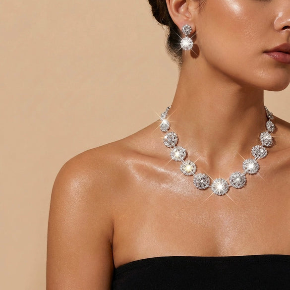 Wholesale Light Luxury Geometric Rhinestone And Copper Electroplated Necklace And Earrings Set For Women