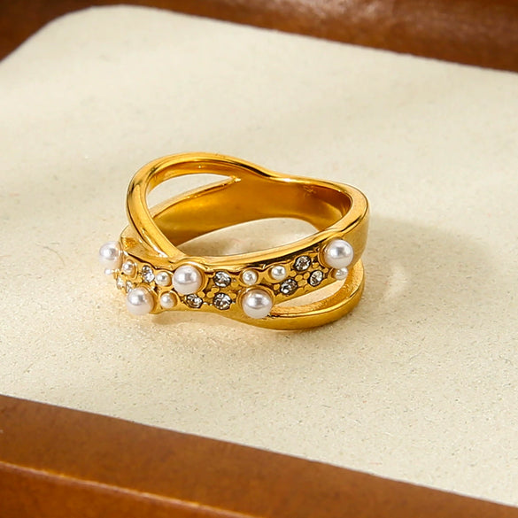 Wholesale Light Luxury Geometric Rhinestone Imitation Pearl 18K Goldplated Stainless Steel Ring For Women