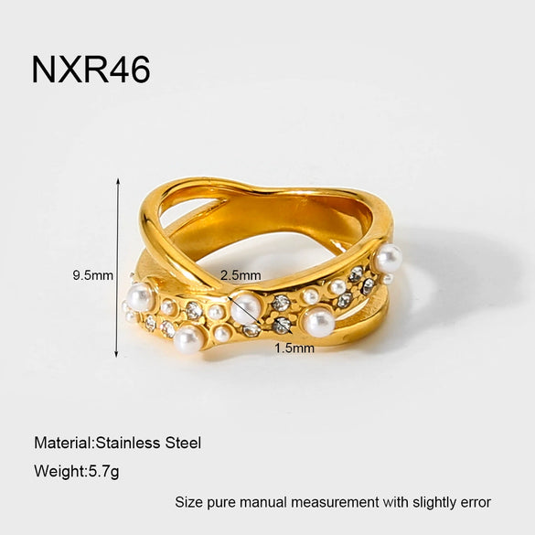 Wholesale Light Luxury Geometric Rhinestone Imitation Pearl 18K Goldplated Stainless Steel Ring For Women