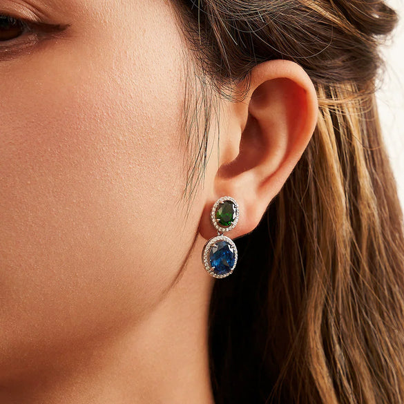 Wholesale Light Luxury Geometric S925 Sterling Silver Electroplated Earrings With Zirconium Emerald Sapphire