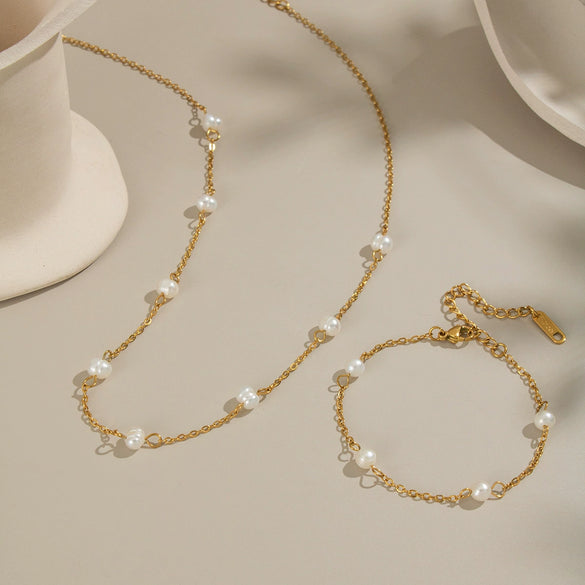 Wholesale Light Luxury Geometric Sea Life Pattern Electroplated Stainless Steel Pearl Beaded Necklace And Bracelet Jewelry For Girls