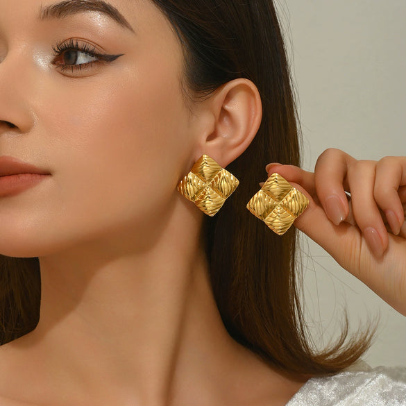 Wholesale Light Luxury Geometric Square Texture Stainless Steel Stamped Earrings For Women