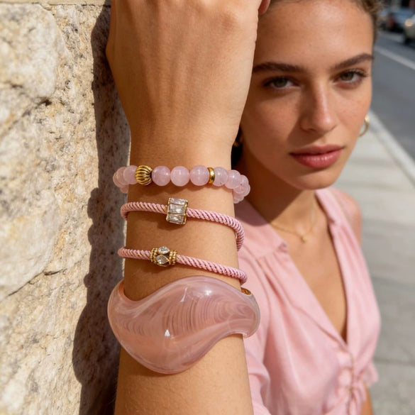 Wholesale Light Luxury Geometric Stainless Steel And Pink Crystal Beaded Women's Bracelet