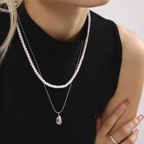 Wholesale Light Luxury Geometric 316L Stainless Steel Double Layer Water Drop Pendant Necklace Pvd Electroplated