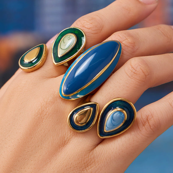 Wholesale Light Luxury Geometric Stainless Steel Electroplated Colorful Enamel Water Drop Rings For Women