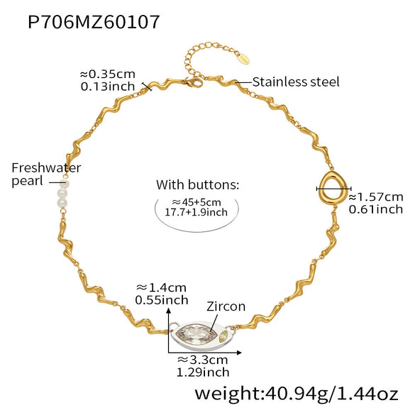 Wholesale Light Luxury Geometric Stainless Steel Electroplated Horseeye Zircon And Pearl Pendant Clavicle Necklace For Women