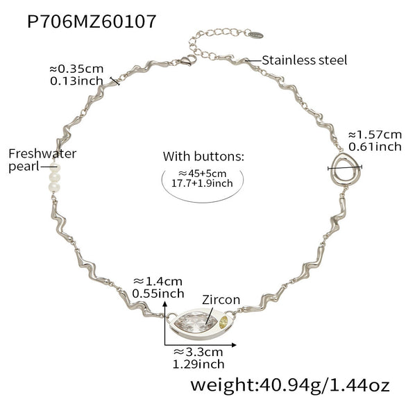 Wholesale Light Luxury Geometric Stainless Steel Electroplated Horseeye Zircon And Pearl Pendant Clavicle Necklace For Women