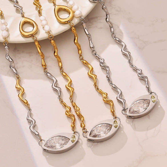 Wholesale Light Luxury Geometric Stainless Steel Electroplated Horseeye Zircon And Pearl Pendant Clavicle Necklace For Women