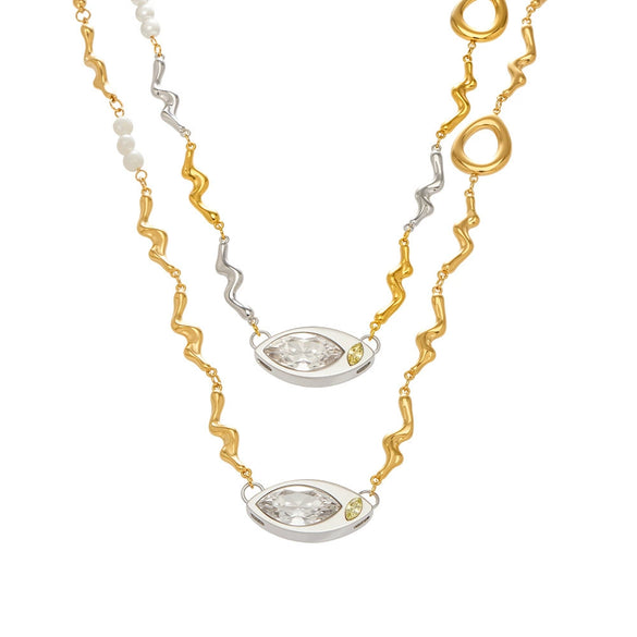Wholesale Light Luxury Geometric Stainless Steel Electroplated Horseeye Zircon And Pearl Pendant Clavicle Necklace For Women