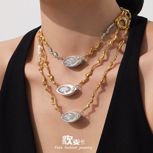 Wholesale Light Luxury Geometric Stainless Steel Electroplated Horseeye Zircon And Pearl Pendant Clavicle Necklace For Women