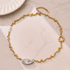 Wholesale Light Luxury Geometric Stainless Steel Electroplated Horseeye Zircon And Pearl Pendant Clavicle Necklace For Women