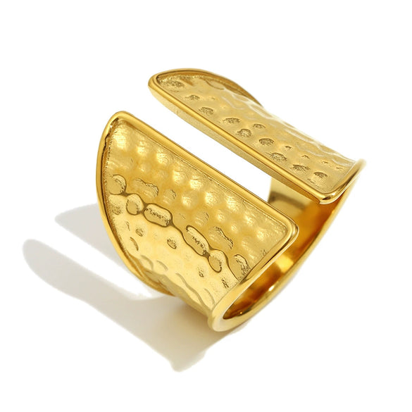 Wholesale Light Luxury Geometric Stainless Steel Electroplated 18K Gold Hammered Pattern Open Ring For Women
