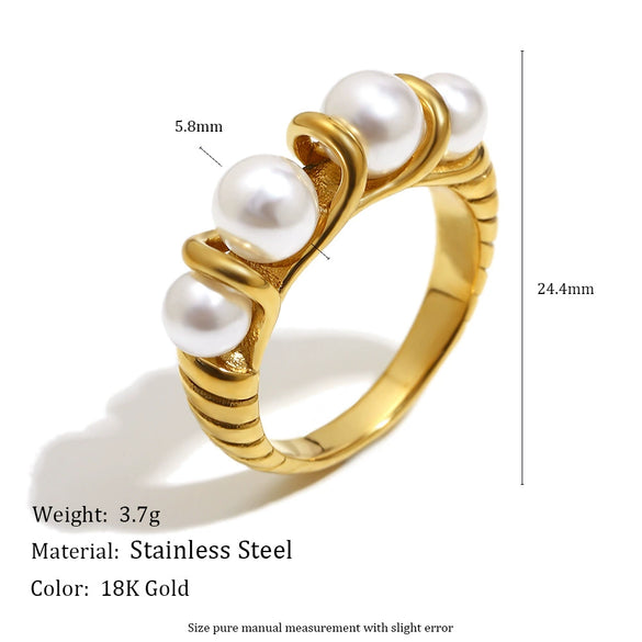 Wholesale Light Luxury Geometric Stainless Steel Electroplated 18K Gold Imitation Pearl Circle Ring For Women