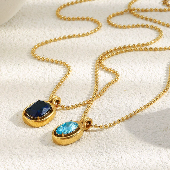 Wholesale Light Luxury Geometric Stainless Steel Electroplated 18K Gold Mirror Blue Zirconium Bead Chain Necklace For Women