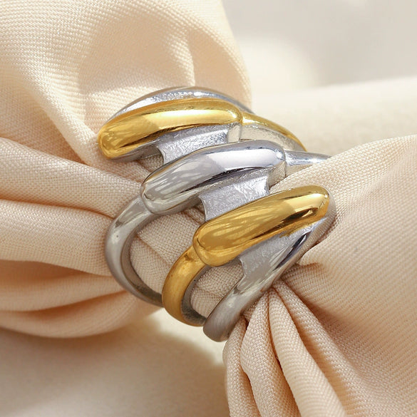 Wholesale Light Luxury Geometric Stainless Steel Electroplated 18K Gold Multilayer Ring For Women
