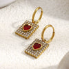 Wholesale Light Luxury Geometric Stainless Steel Electroplated 18K Gold Square Red Heart Earrings For Women