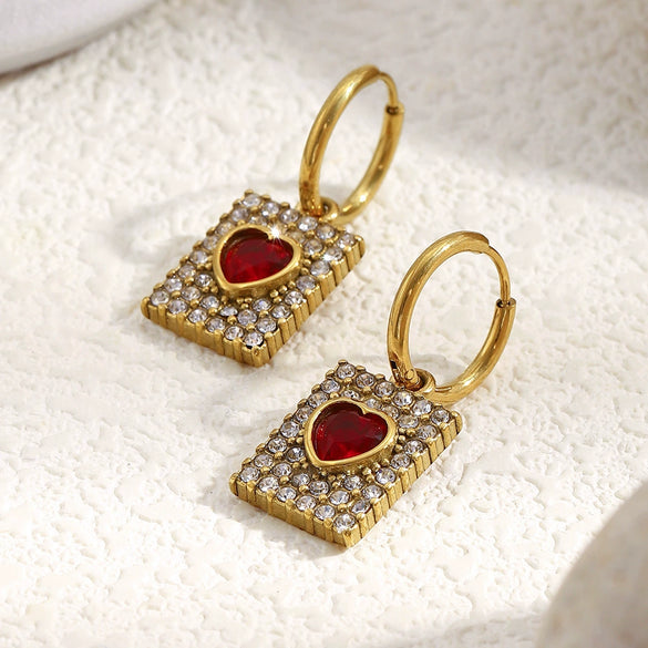 Wholesale Light Luxury Geometric Stainless Steel Electroplated 18K Gold Square Red Heart Earrings For Women