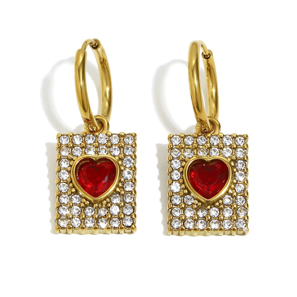 Wholesale Light Luxury Geometric Stainless Steel Electroplated 18K Gold Square Red Heart Earrings For Women