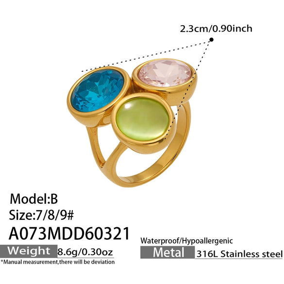 Wholesale Light Luxury Geometric Stainless Steel Electroplated Rings With Colored Glass Stones And Zircons For Women