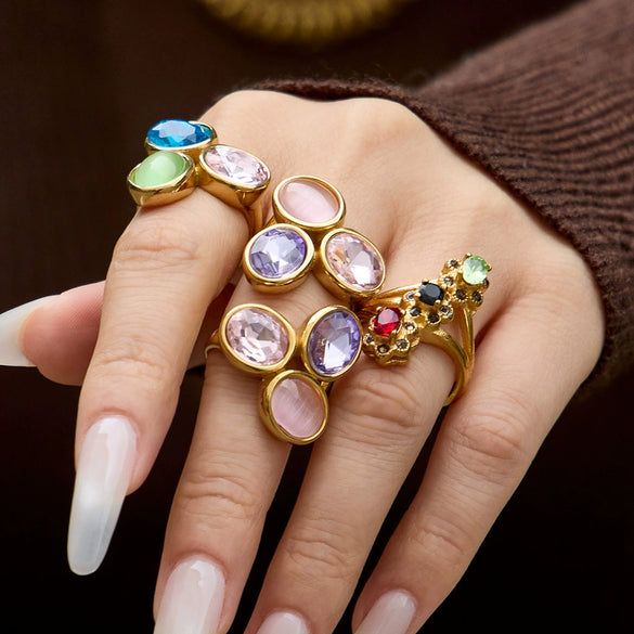 Wholesale Light Luxury Geometric Stainless Steel Electroplated Rings With Colored Glass Stones And Zircons For Women