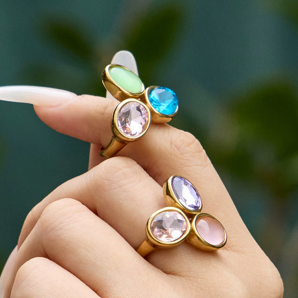 Wholesale Light Luxury Geometric Stainless Steel Electroplated Rings With Colored Glass Stones And Zircons For Women
