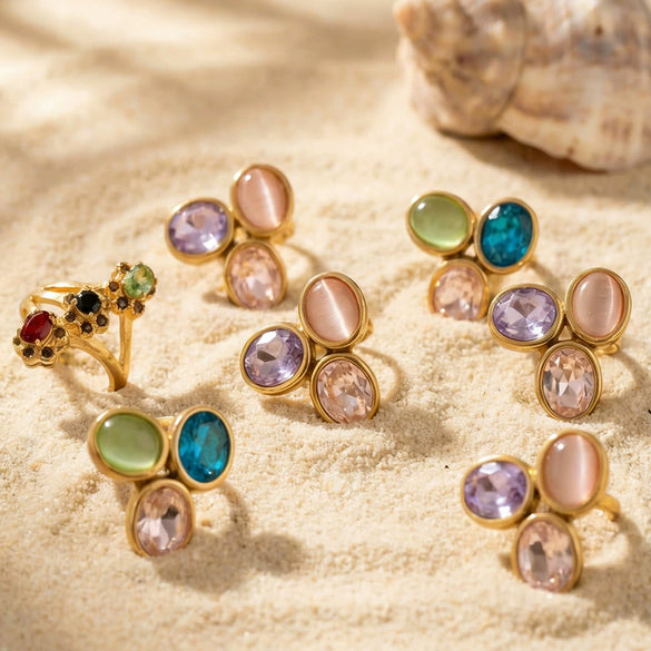 Wholesale Light Luxury Geometric Stainless Steel Electroplated Rings With Colored Glass Stones And Zircons For Women