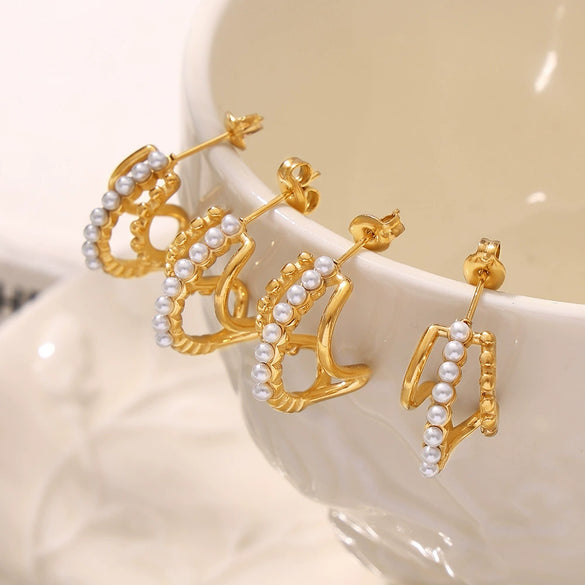 Wholesale Light Luxury Geometric Stainless Steel Imitation Pearl Electroplated Multilayer Hollow Vintage Earrings For Women