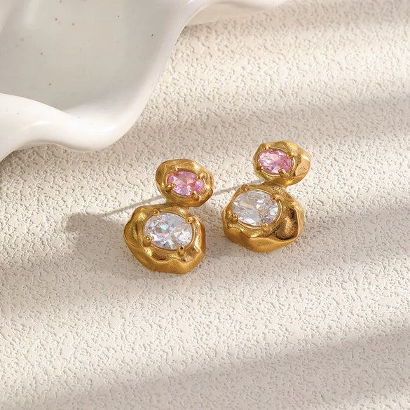 Wholesale Light Luxury Geometric Stainless Steel 18K Gold Plated Hammered Texture Stud Earrings For Women