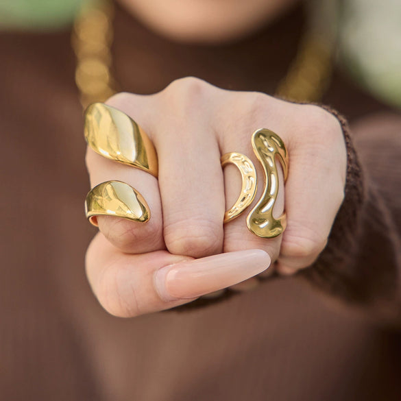 Wholesale Light Luxury Geometric Stainless Steel 18K Gold Plated Polished Circular Ring Set For Women